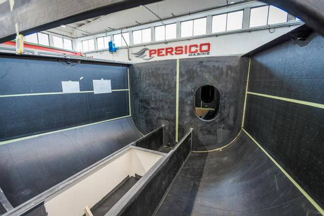 Hull prior to decks being fitted- April 2015 - Team Vestas Wind rebuild at Persico Marine, Bergamo. Italy © Brian Carlin - Team Vestas Wind