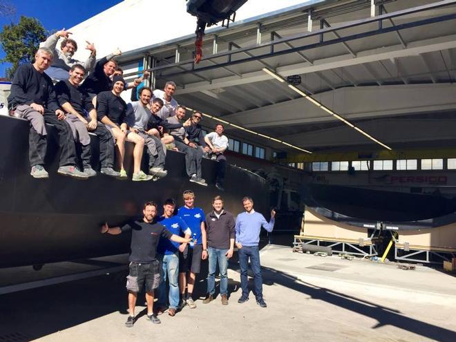 A happy building team  - April 2015 - Team Vestas Wind rebuild at Persico Marine, Bergamo. Italy © Brian Carlin - Team Vestas Wind