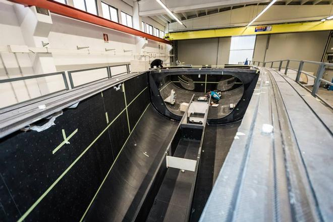 Hull in mould prior to decks beting fitted- April 2015 - Team Vestas Wind rebuild at Persico Marine, Bergamo. Italy © Brian Carlin - Team Vestas Wind