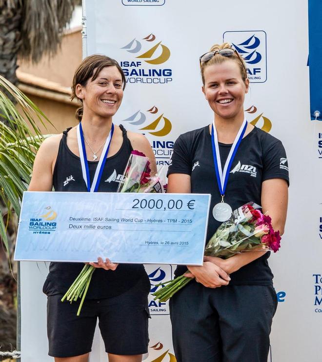 Jo Aleh and Polly Powrie with their second place prize - Day 5 ISAF World Sailing Cup, Hyeres ©  Jesus Renedo / Sailing Energy http://www.sailingenergy.com/