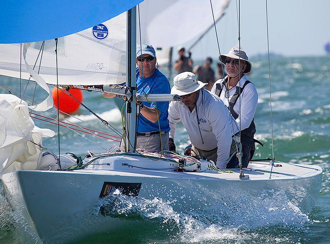 David Healey on the tiller of his, Rapscallion. He and wife Sue lay on the most awesome BBQ. - Etchells Brisbane Winter Series ©  John Curnow