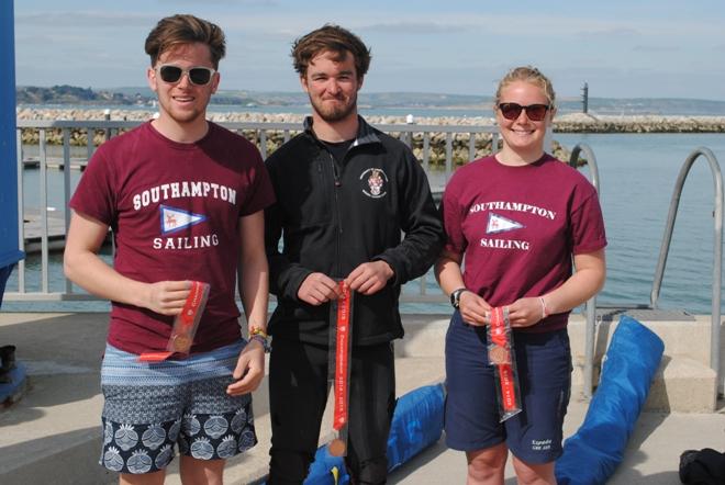 Southampton Red: Tom Ballantine, Calum Healey and Annabel Vose - BUCS-BUSA Match Racing Championship 2015 © Richard Kingsnorth