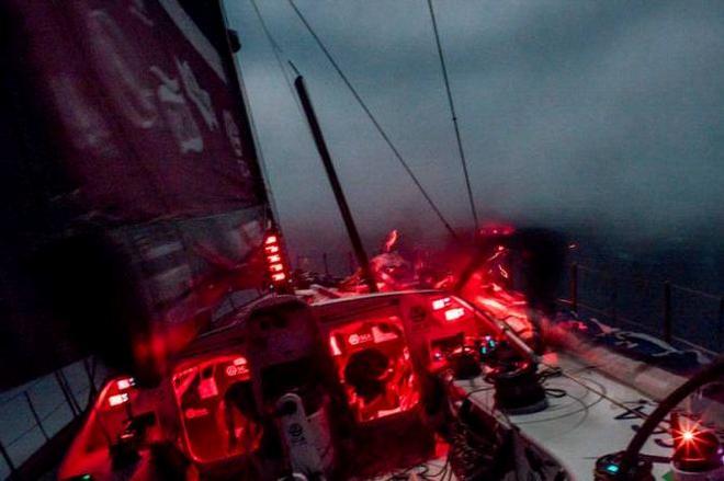 Onboard Team SCA – The girls on watch drag sails on their night watch - Leg six to Newport – Volvo Ocean Race 2015 © Corinna Halloran / Team SCA