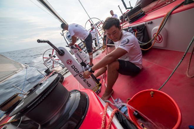 April 20,2015. Leg 6 to Newport onboard Dongfeng Race Team. Day 1. Surrounded by water but we can't drink unless we pump © Sam Greenfield/Dongfeng Race Team/Volvo Ocean Race