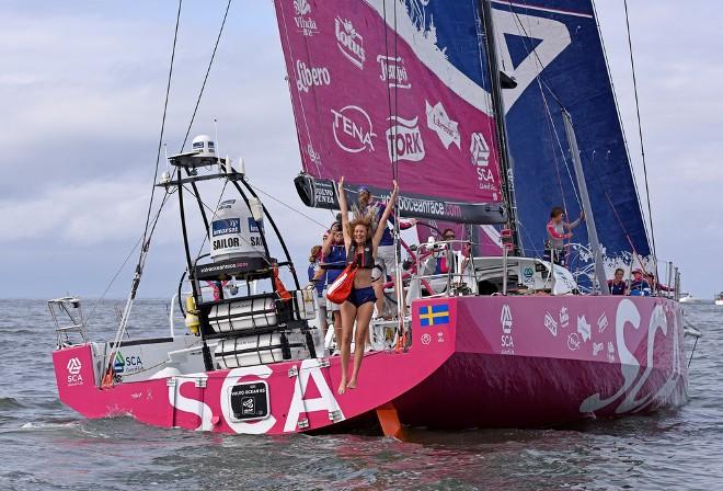 Guest onboard for the start and leg jumper,Brazilian model Ellen Jabour. - Volvo Ocean Race 2015 © Rick Tomlinson / Team SCA