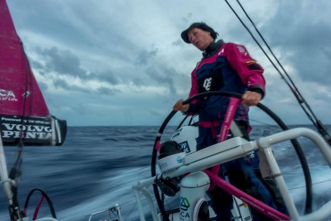 Leg six to Newport onboard Team SCA. Day three. Carolijn Brouwer helms the last of the 18 knots that Team SCA enjoyed with the Volvo Ocean 65 fleet today. - Volvo Ocean Race 2015 © Corinna Halloran / Team SCA