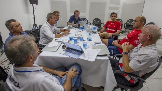 The Int Jury to the left, with the Mapfre&rsquo;s Xabi Fernandez (centre - redshirt, Race Director Jack Lloyd (right, grey shirt) and Luis Sanez Mariscal (Mapfre rules adviser - left - red shirt) - Volvo Ocean Race 2015 &copy;  Ainhoa Sanchez/Volvo Ocean Race