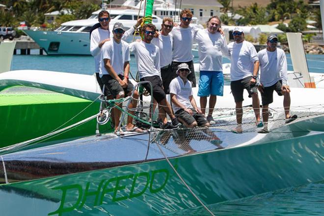 MOD 70, Phaedo^3 set a new record in the Guadeloupe to Antigua Race. Lloyd Thornburg's team arrive dockside at Antigua Yacht Club Marina: Brian Thompson, Xavier Guilbaud, Warren Fitgerald, Sam Goodchild, Miles Seddon, Fraser Brown, Sam Bason, Carlo Falcone © Paul Wyeth / www.pwpictures.com http://www.pwpictures.com