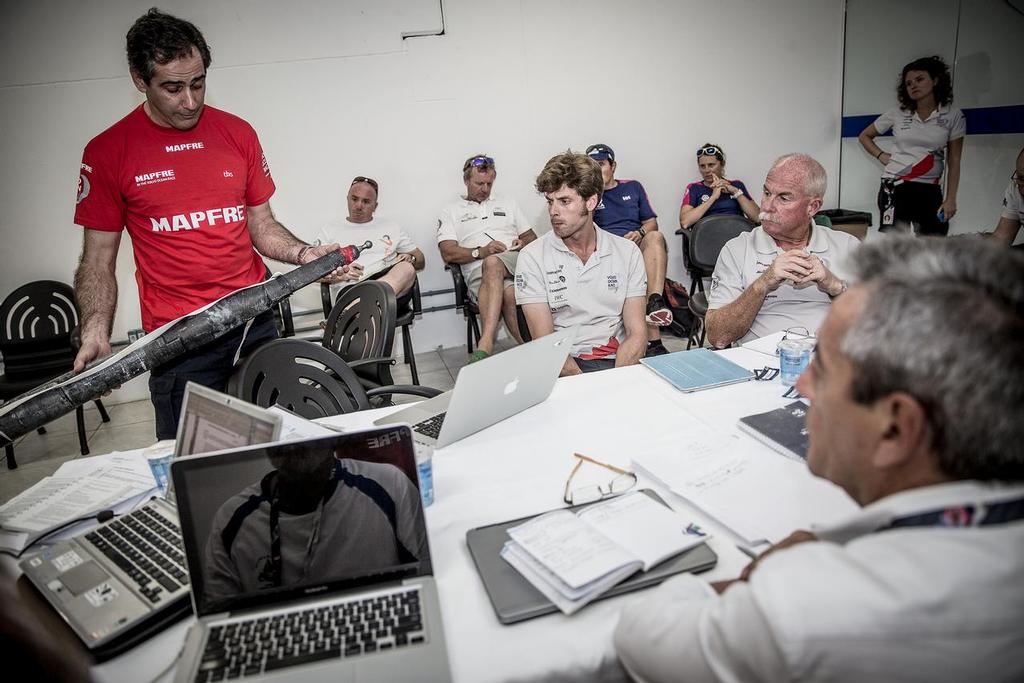 The International Jury is shown the strut that was repaired at sea by the Mapfre crew. © Maria Muina / Mapfre http://www.volvooceanrace.com