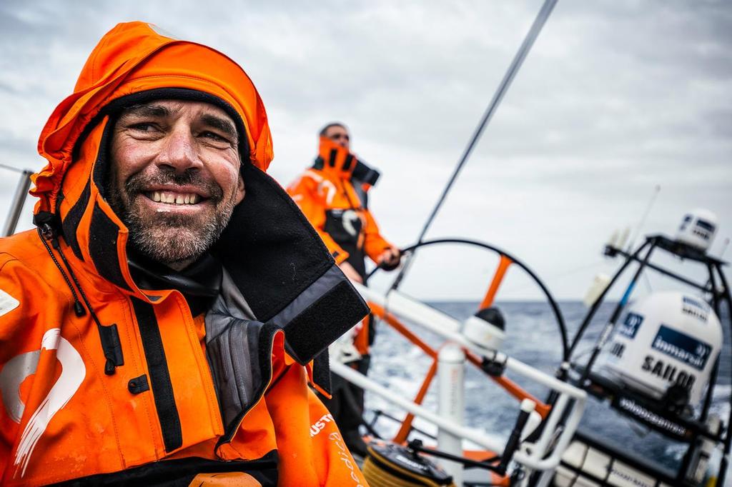 April 3, 2015. Leg 5 to Itajai onboard Team Alvimedica. Day 16. A light morning gives the team a chance to catch their breath and dry out the boat, only before another 36 hours of forecasted heavy winds to return. Stu Bannatyne enjoying a return to the sailing and northerly progress towards Itajai. ©  Amory Ross / Team Alvimedica