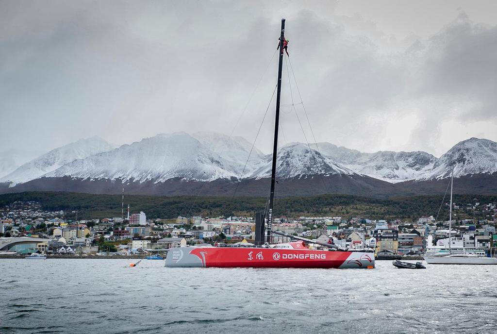 April 1, 2015. Leg 5 to Itajai onboard Dongfeng Race Team. Day 14. Hard work for Kevin Escoffier and Damian Foxall in freezing cold temperature. © Yann Riou / Dongfeng Race Team