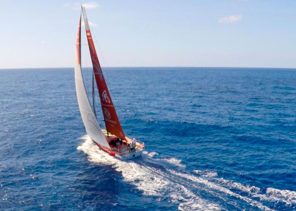 April 26, 2015. Leg 6 to Newport onboard Dongfeng Race Team. Day 7. Aerial view of Dongfeng Race Team leading the fleet through tropical waters. ©  Sam Greenfield / Volvo Ocean Race