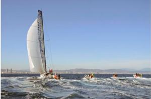 We Are Water - skippers Bruno and Willy Garcia crossing the finish line in fifth place - Barcelona World Race 2015 photo copyright  Mireia Perello taken at  and featuring the  class