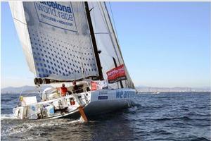 We Are Water - skippers Bruno and Willy Garcia crossing the finish line in fifth place - Barcelona World Race 2015 photo copyright  Mireia Perello taken at  and featuring the  class