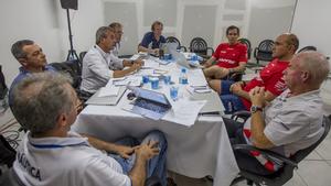 The Int Jury to the left, with the Mapfre’s Xabi Fernandez (centre - redshirt, Race Director Jack Lloyd (right, grey shirt) and Luis Sanez Mariscal (Mapfre rules adviser - left - red shirt) - Volvo Ocean Race 2015 - photo ©  Ainhoa Sanchez/Volvo Ocean Race