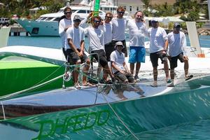MOD 70, Phaedo^3 set a new record in the Guadeloupe to Antigua Race. Lloyd Thornburg's team arrive dockside at Antigua Yacht Club Marina: Brian Thompson, Xavier Guilbaud, Warren Fitgerald, Sam Goodchild, Miles Seddon, Fraser Brown, Sam Bason, Carlo Falcone photo copyright Paul Wyeth / www.pwpictures.com http://www.pwpictures.com taken at  and featuring the  class