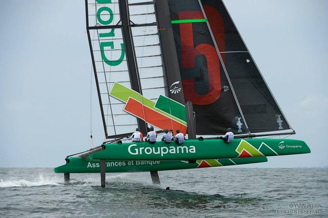 - Team France sailing an AC45 One Design in Lorient, France. The crews are on the trampoline, instead of inside the hull cockpits as with the AC45S © Yvan Zedda http://www.zedda.com.