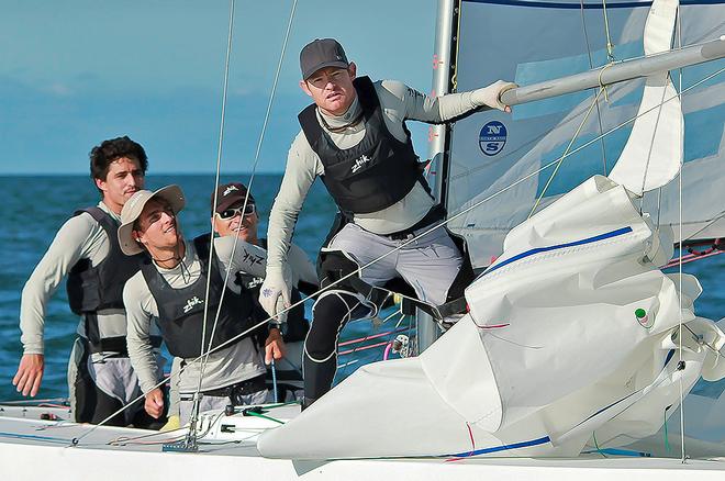 Matt Chew, Ash Deeks Bill Cuneo and Brian Donovan on Gen XY go about their work. - Boutique Boat Company Brisbane Etchells Winter Championship © Daniel Alcock