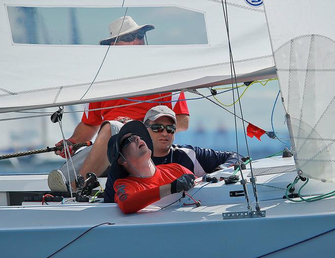 John Warlow, Mick Patrick and Will Thomson on Land Rat. - Boutique Boat Company Brisbane Etchells Winter Championship © Daniel Alcock