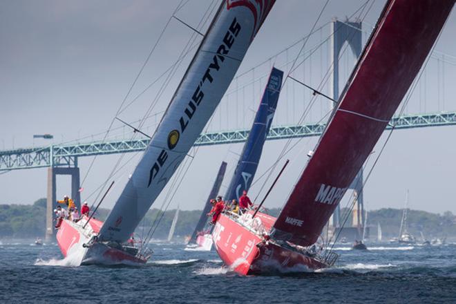 Leg 7 Start in Newport; MAPFRE,MAPFRE and Dongfeng Race Team battle for 1st place leaving Newport.  © Maria Muina / Mapfre http://www.volvooceanrace.com