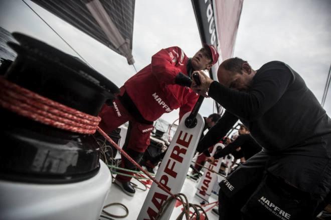 Leg six to Newport onboard MAPFRE. Day 17. Xabi Fernandez and Antonio Cuervas-Mons '„eti' furling the FRO - Volvo Ocean Race 2015 © Francisco Vignale/Mapfre/Volvo Ocean Race