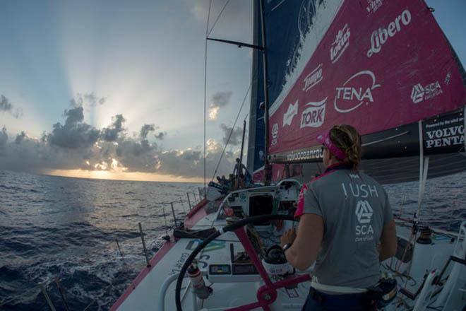 Leg 6 to Newport onboard Team SCA. Day 14. Annie Lush helms through the light winds of the cold front's transition zone &copy; Corinna Halloran - Volvo Ocean Race http://www.volvooceanrace.com