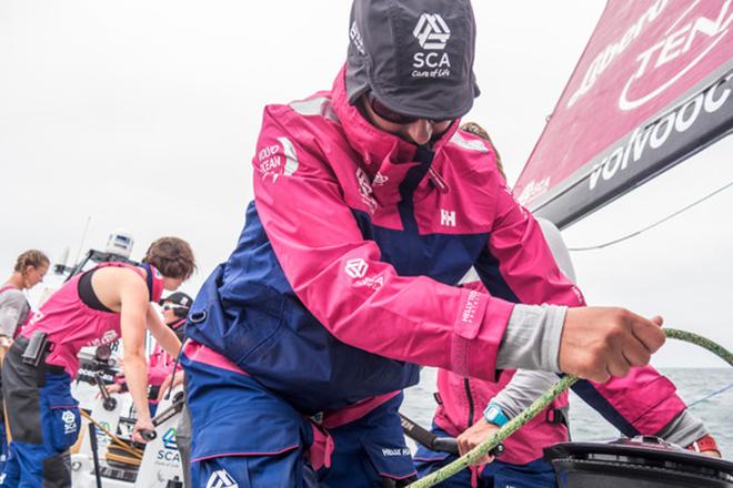 Leg 7 to Lisbon onboard Team SCA. Day 06. Dee Caffari during a gybe.  © Anna-Lena Elled/Team SCA