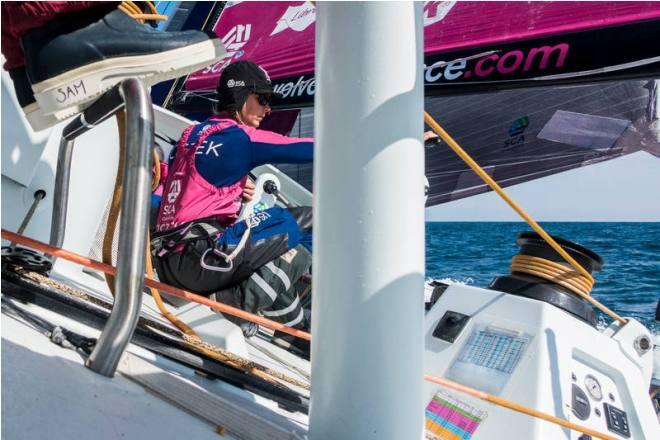 Leg 7 to Lisbon onboard Team SCA. Day 08. Sophie Ciszek at the pedistal. - Volvo Ocean Race 2015 © Anna-Lena Elled/Team SCA