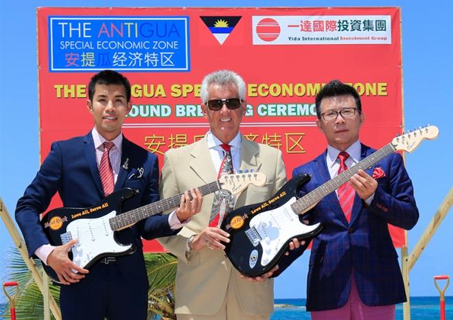 L-R: Kenneth Kwok, Vice President of Yida International, Nelson Parker, Vice President of Casino Development, Hard Rock International and Yida Zhang, Chairman of Yida International Investment Group. © Antigua Sailing Week