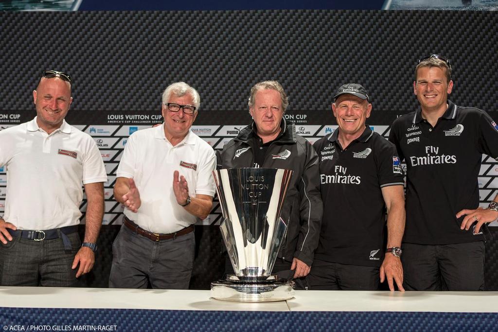 Now Challenger and Defender Luna Rossa’s Max Sirena and Patrizio Bertelli with ETNZ’s Matteo de Nora, Grant Dalton and Dean Barker © ACEA /Gilles Martin-Raget