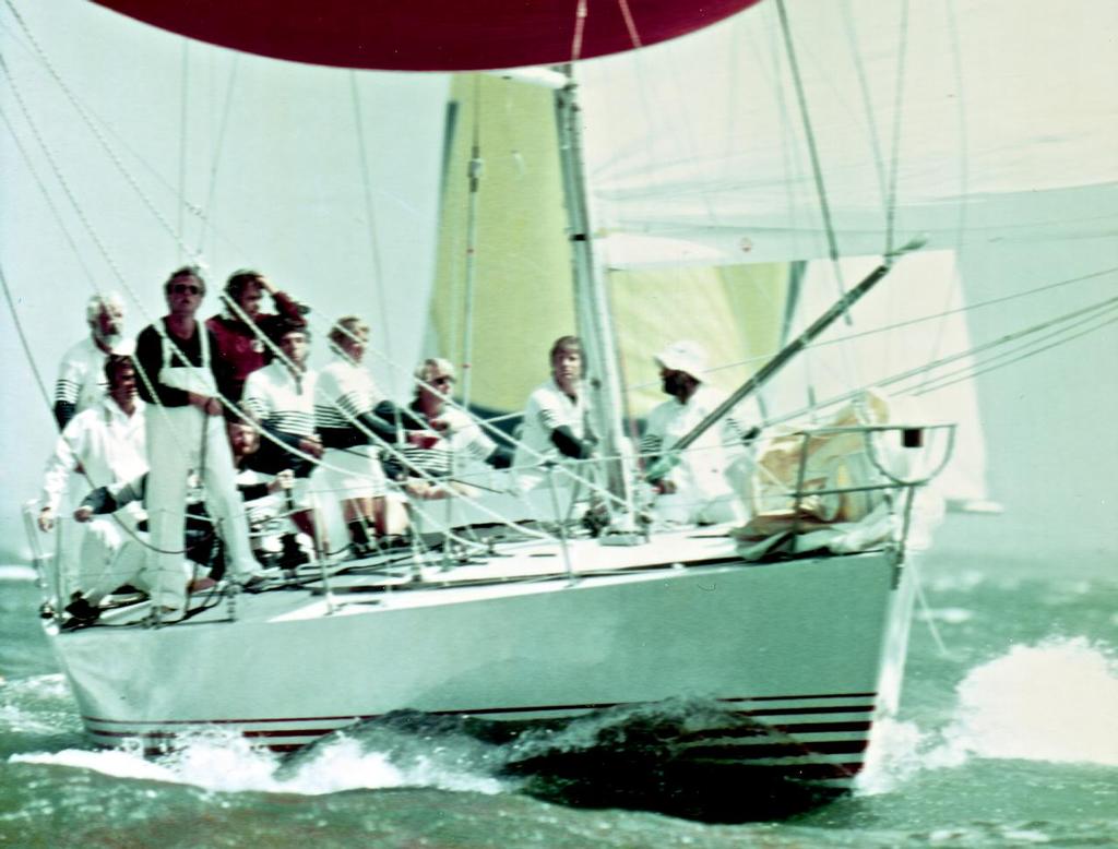 Swuzzlebubble IV racing in Cowes in the 1983 Admirals Cup. Crew from left to right: Grant Dalton (sheet) Dave Schmidt, Mike McCormack, English navigator, Ron Jacob (IRL) Ian Gibbs, Peter Lester, Andy Ball, Richard Gladwell, Peter Walker photo copyright Beken of Cowes www.beken.co.uk taken at  and featuring the  class