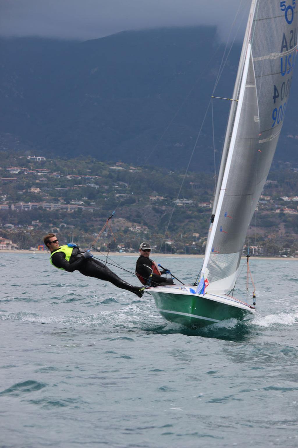 Eben Russell (helm) and Brendan Teague (crew) skimming off the top of waves not far from the Santa Barbara shoreline. photo copyright Jane Watkins taken at  and featuring the  class