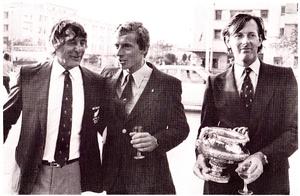 An elated Ian Gibbs (left) with the skipper of second placed Victory (GBR) and British team manager, Robin Aisher (right)after the prizegiving for the 1981 Admirals Cup photo copyright NZ Yachting taken at  and featuring the  class