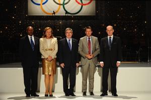 Peter Tallberg (right) poses alongside fellow founding IOC Athletes' Commission founding members Kip Keino of Kenya, Romanian gymnastics legend Nadia Comaneci, Thomas Bach and Sebastian Coe during a 30-year commemorative event in 2011 - Death of IOC member photo copyright Bongarts/Getty Images taken at  and featuring the  class