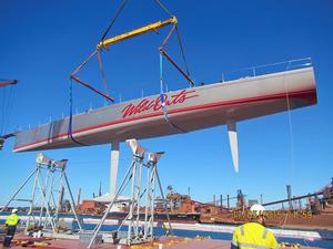 Flying high: Wild Oats XI is loaded onto aboard a special multi-purpose vessel bound for Los Angeles. photo copyright Carlo Borlenghi / Rolex taken at  and featuring the  class