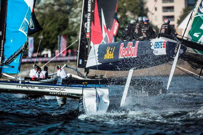 Act 5, Cardiff 2014 - Day one - Red Bull and The Wave, Muscat charge across the Cardiff racecourse on the opening day in Wales - 2015 Extreme Sailing Series™ © Lloyd Images