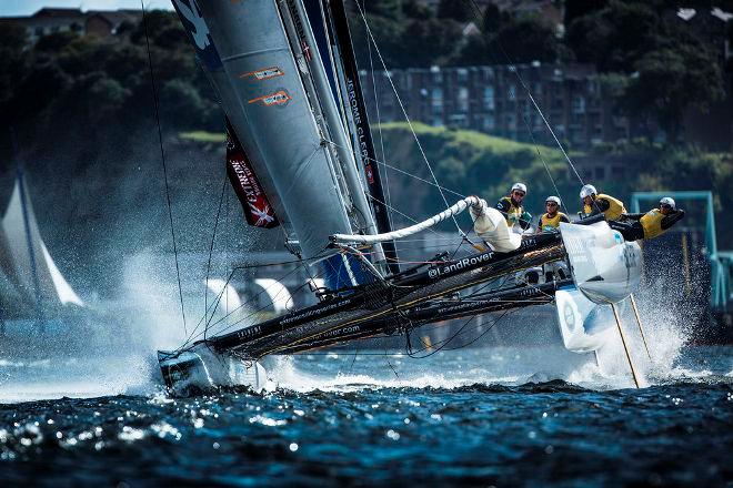 Act 5, Cardiff 2014 - Day Two - SAP Extreme Sailing Team charge across the Cardiff Bay racecourse on the second day in the Welsh stadium - 2015 Extreme Sailing Series™ © Lloyd Images