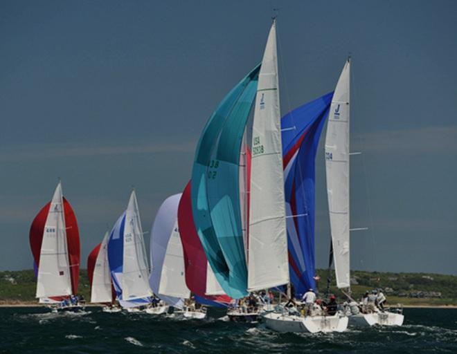 The J/105 Fleet on a run in ideal racing conditions - 2015 Block Island Race Week © PhotoBoat.com