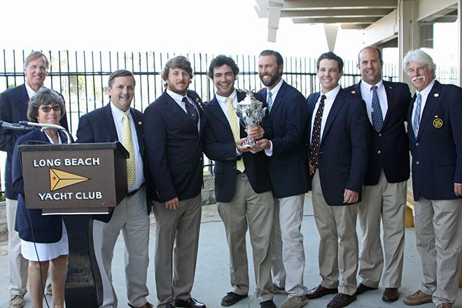 LBYC skipper Dustin Durant poses with his team after winning the 2015 San Francisco Perpetual Challenge Cup match race. He is joined by LBYC flag officers (1-r) Junior Staff Commodore David Stotler, Port Captain Camille Daniels. Rear Commodore David Westerfield and (on extreme right) Fleet Captain Bill Durant. © Rick Roberts 