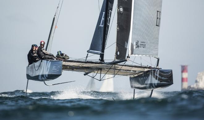 Sultinate of Oman GC32 rounding the Needles this morning - 2015 JP Morgan Round the Island Race © Lloyd Images