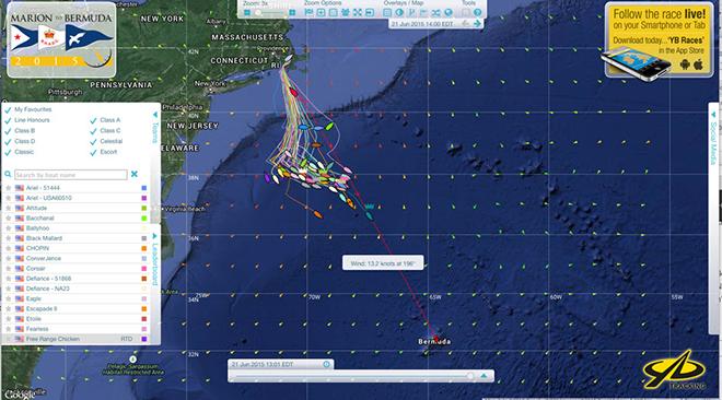 As of 1400hrs EDT this was the picture on the Marion Bermuda Race Yellow Brick Tracker. ‘Mischievous’, the scratch (fastest) boat in the fleet was still leading the fleet. © Talbot Wilson