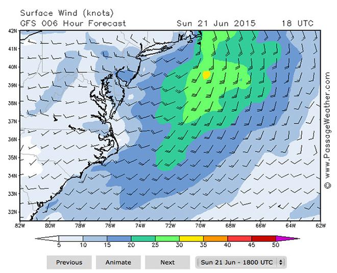 On Sunday, what’s left of Tropical Depression Bill was predicted to pass into the Atlantic in the afternoon and evening. Winds in the Gulf Stream are expected to be fresh, up to 30 knots, and the seas should build to over three meters. © Talbot Wilson