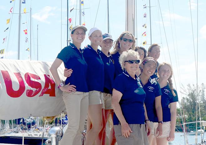 Priscilla Stoll was Skipper of the Massachusetts Maritime Academy yacht ‘Spirit’ and her cadet crew. She spoke of their adventure— We had squalls of over 50 kts apparent wind and 12-15-foot seas in the heart of the Gulf Stream. Everyone was sick. We were sailing under a storm trysail and a jib because we had shredded our mainsail in the first 24 hours of the race. Part of it was Bill [tropical depression moving east]. We made it and we are proud of that.  © Talbot Wilson