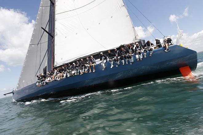 Leopard leaps with a full complement of crew to take the monohull line honours in today's J.P. Morgan Asset Management Round the Island Race. © Paul Wyeth / www.pwpictures.com http://www.pwpictures.com