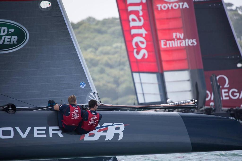 Giles Scott and Freddie Carr hiking hard - Land Rover BAR vs Emirates Team NZ - head to head on the Solent © Ben Ainslie Racing www.benainslieracing.com