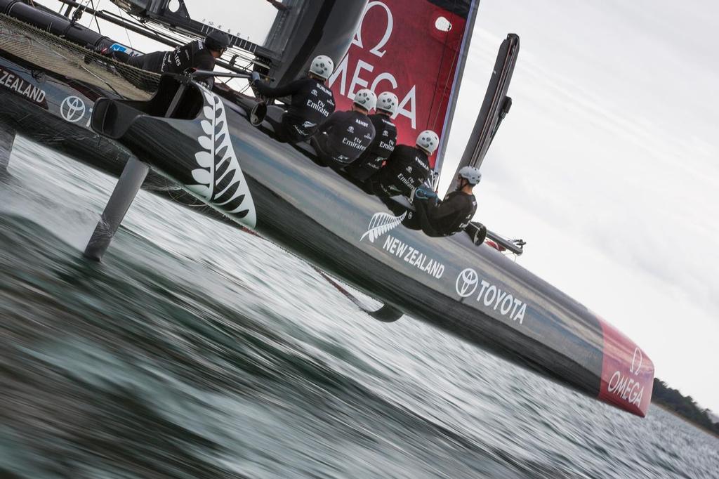 Emirates Team New Zealand Americas Cup team shown here training in the UK onboard their new AC45 foiling cup boat, prior to the start of the World series next month. © Emirates Team New Zealand http://www.etnzblog.com