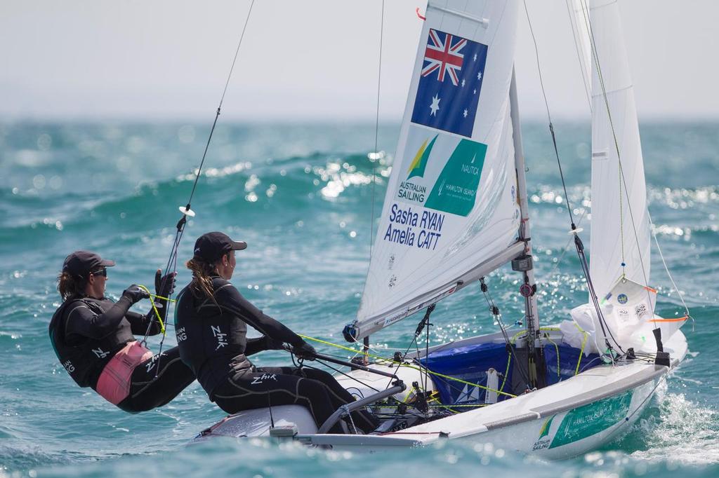  Jo Aleh and Polly Powrie, NZL, Womens Two Person Dinghy (470) at Day Two of the ISAF Sailing World Cup Weymouth & Portland. © onEdition http://www.onEdition.com