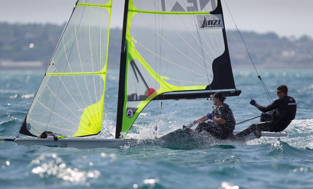 Second string 49er crew Marcus Hansen and Josh Porebski, NZL, Men’s Skiff (49er) won the Silver medal at the ISAF Sailing World Cup Weymouth & Portland. © onEdition http://www.onEdition.com