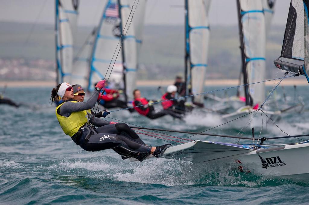 Alexandra Maloney and Molly Meech, NZL, Women's Skiff (49erFX) on day four of the ISAF Sailing World Cup Weymouth & Portland. © onEdition http://www.onEdition.com