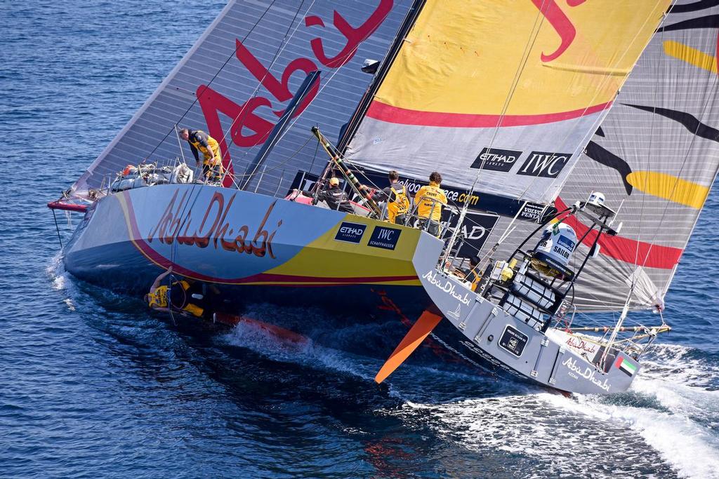 Boats close to Ushant NW Brittany France by the town of Le Conquet<br />
Abu Dhabi crew member clears weed over the side. Leg 9, Volvo Ocean Race<br />
 © Rick Tomlinson/Volvo Ocean Race http://www.volvooceanrace.com